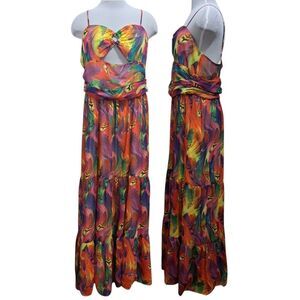 Goragal Summer Print Cutout Slip Long Boho Maxi Dress Orange Multi Color 2XL